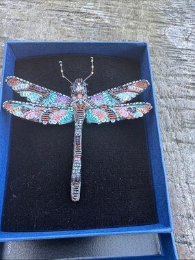Trovelore Embellished Dragonfly Brooch in Turquoise pink and black